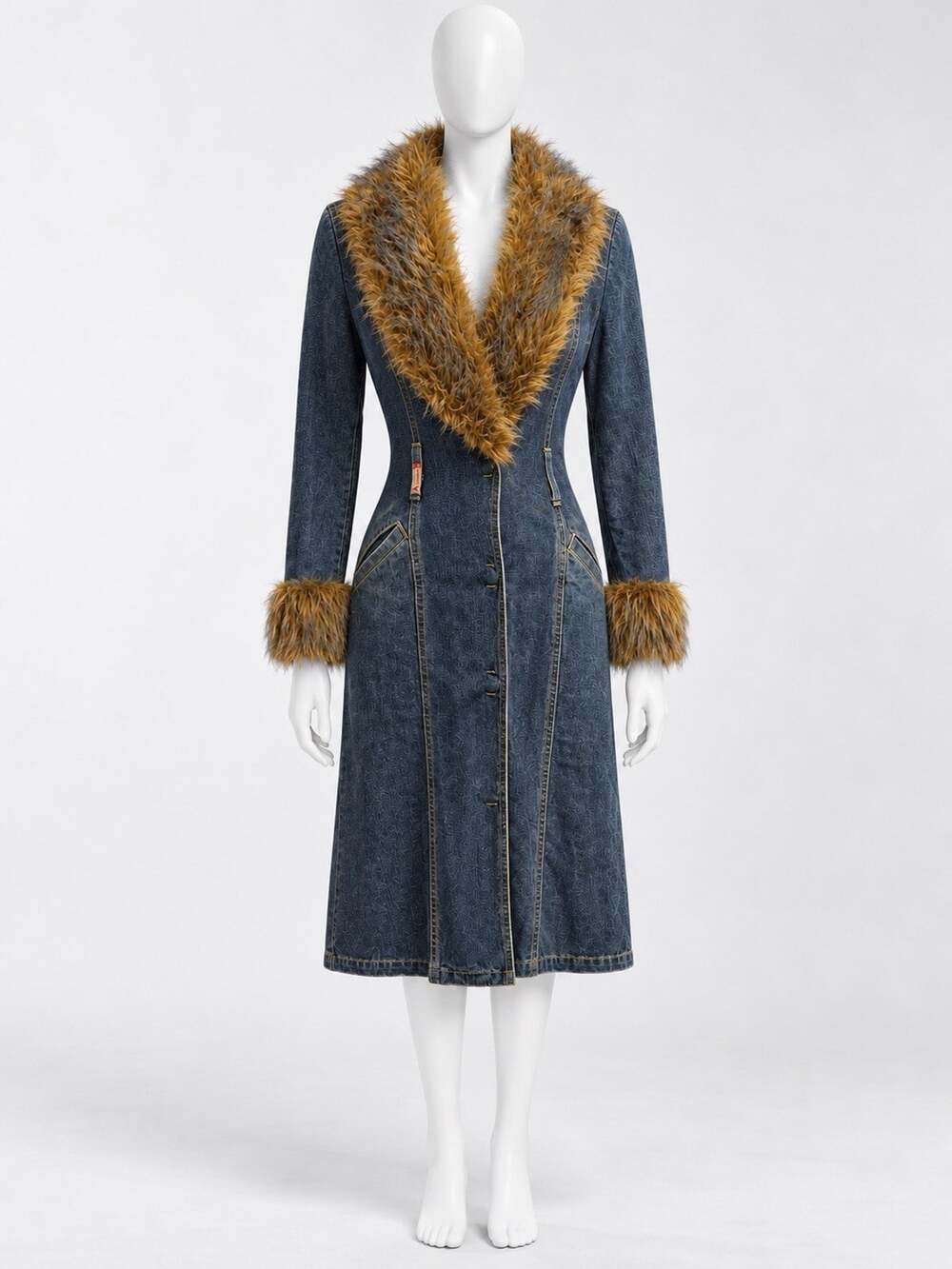 Vintage Guess Y2K Denim Faux Fur Penny Lane Maxi Coat Blue Small USA